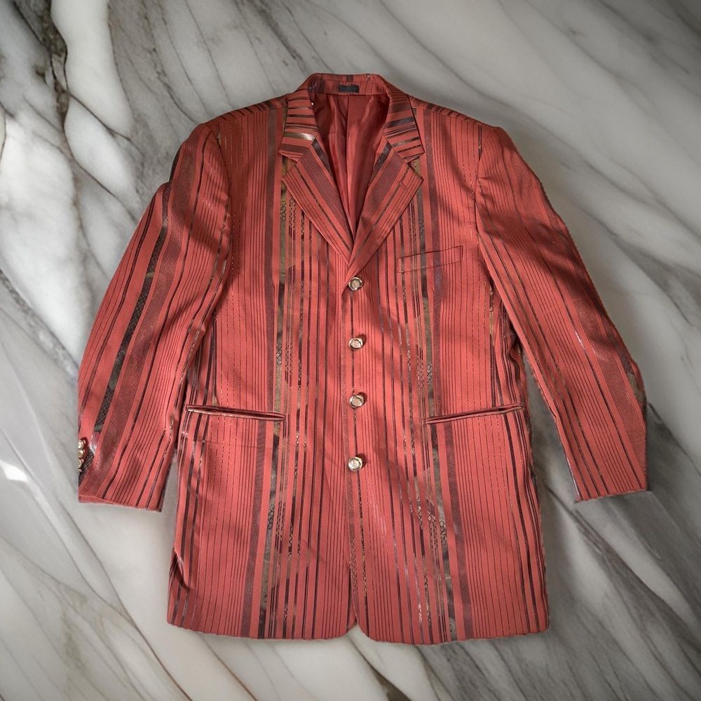Vintage FALCONE Red Gangster Striped SUIT JACKET Vest Sport Coat 44R Snake Skin